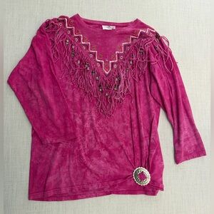 Magenta Tie-Dye Fringe Top with Decorative Buckle